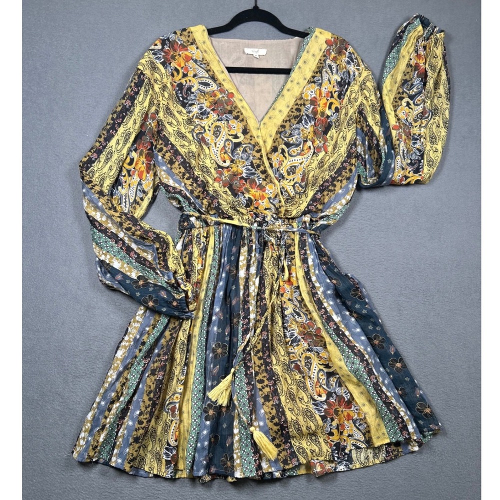 Easel Dress Womens M Yellow Patchwork Floral Paisley Boho Wrap V-Neck Tassels